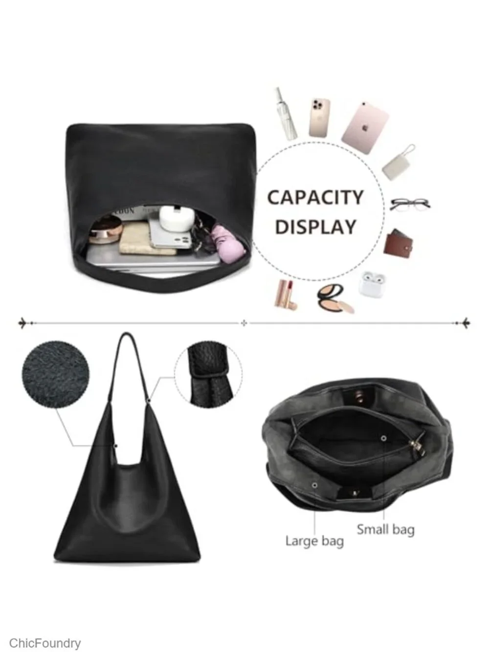 Women's Slouchy Hobo Bag Faux Leather Shoulder Tote with Cosmetic Bag